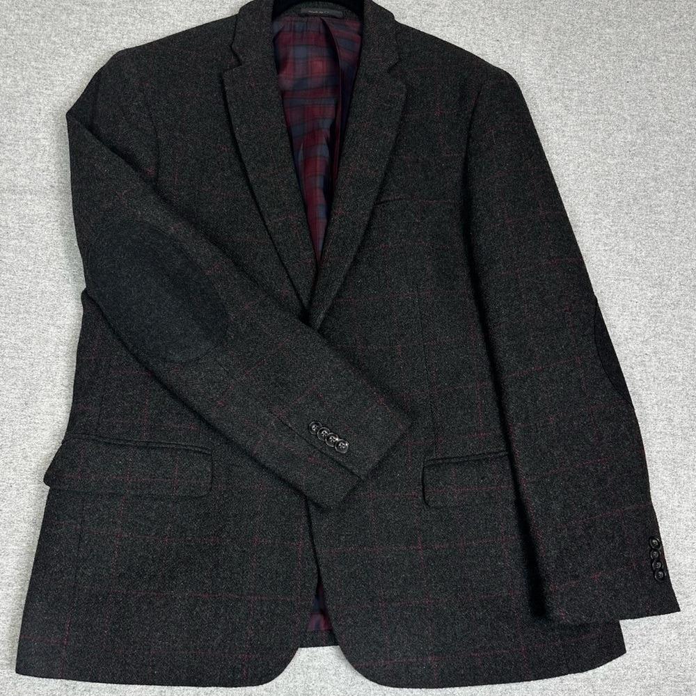 Sean John Blazer Mens Large Gray Red Windowpane Wool Blend 2 Button Elbow Patch